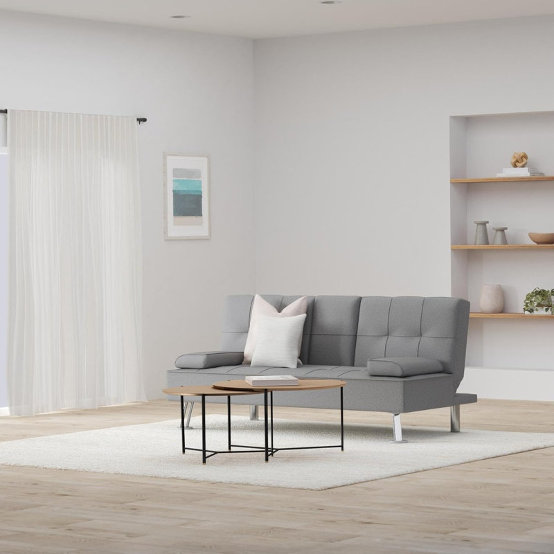 Modern Folding Futon Reclining Sofa Bed for Apartment Dorm w Removable Armrests2 Cupholders Gray